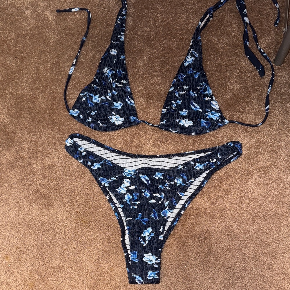 Blue Smocked Floral Bikini Set